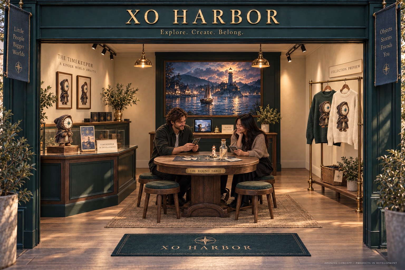 XO Harbor opening concept: a warm green and oak shop with visitors at the Round Table, a small collectible display and two knitted sweaters.
